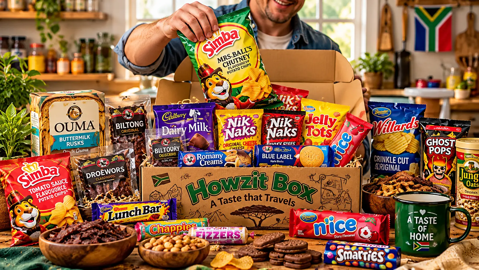 An assortment of South African treats around a snack box